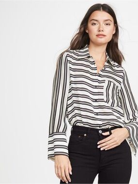 Club Monaco Black and White Striped Silk Button-Down Shirt